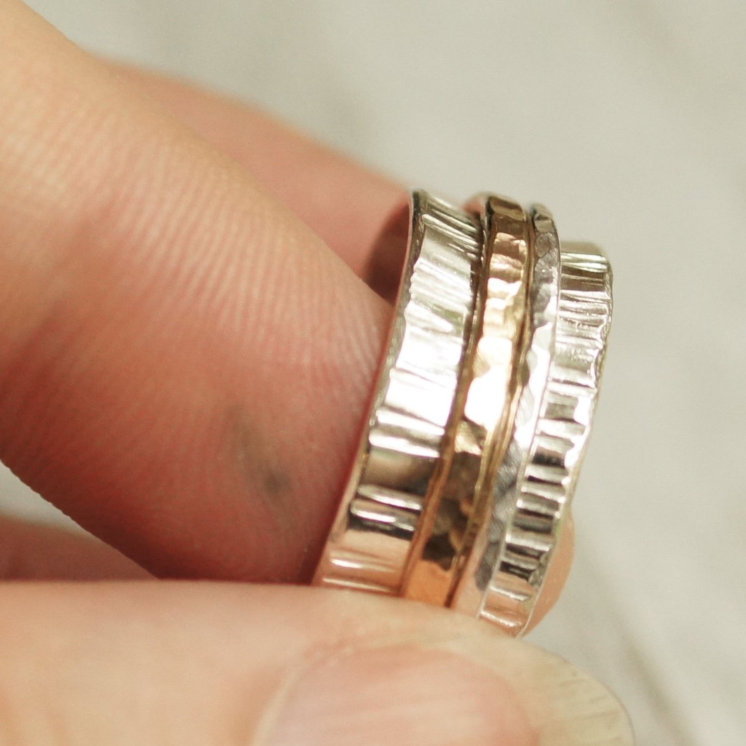 Silver Spinner Ring for Women, Mixed authentic Metal Band, Wide Wedding Ring, Gold and Silver Ring, Statement Ring, Meditation Ring, Hammered Ring